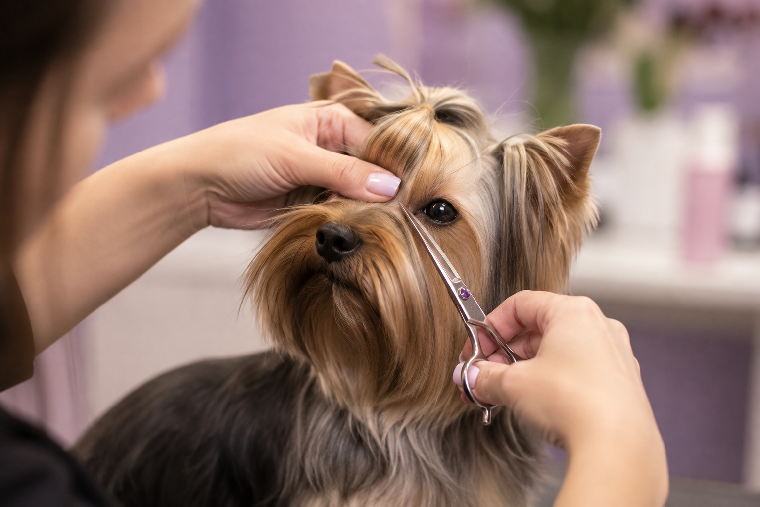 Gentle face trimming during a professional groom.